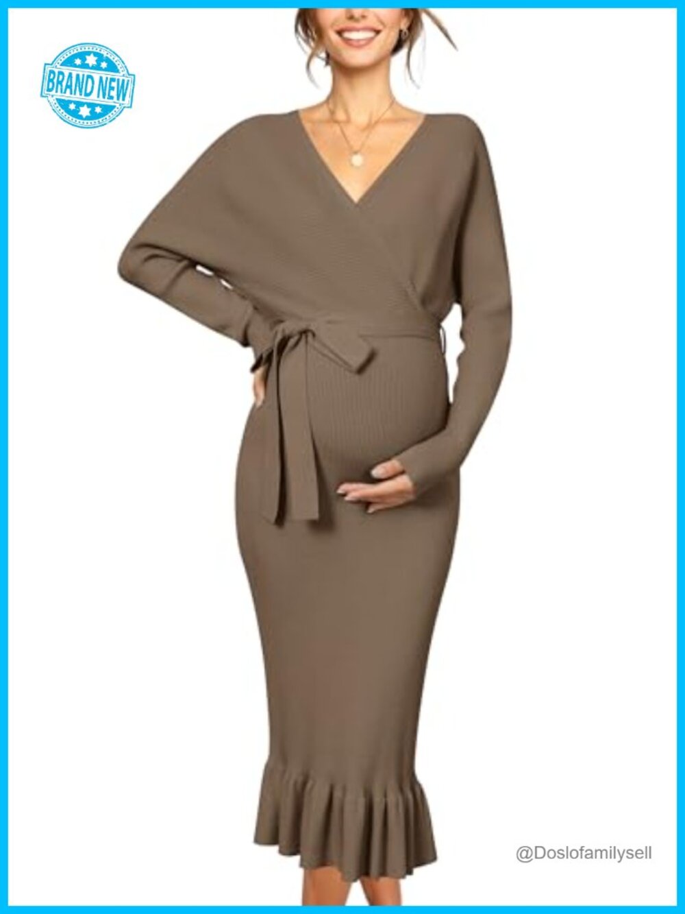 Maternity Sweater Nursing Dress Fishtail Ribbed Knit V-Neck Photoshoot Baby